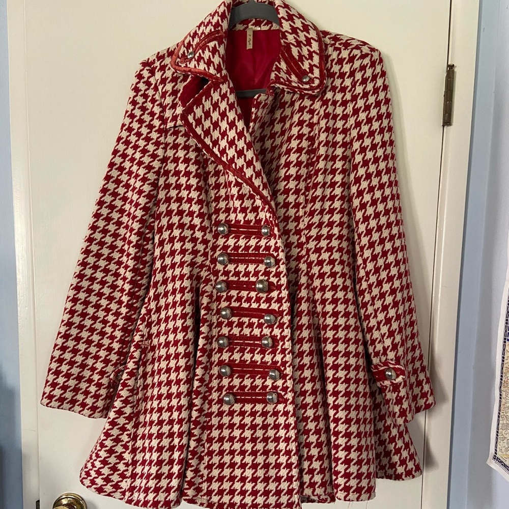 Red houndstooth winter holiday coat
